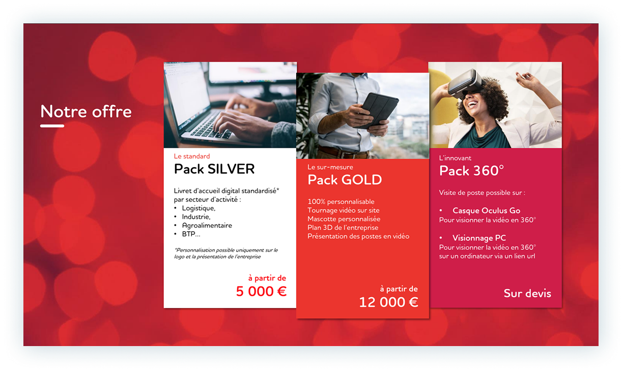 slide « notre offre » : les 3 packs silver, gold et 360° avec leurs tarifs