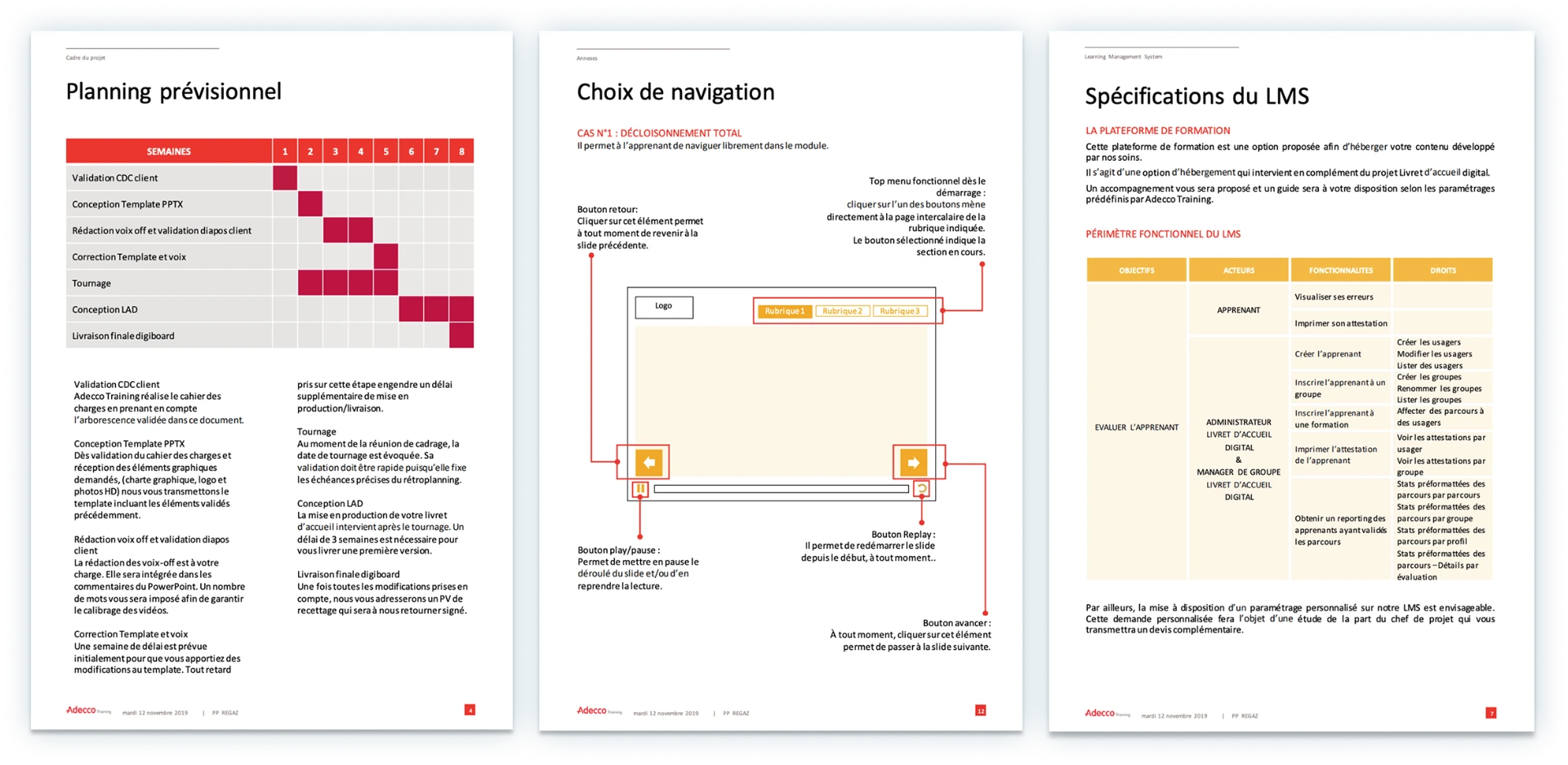planning prévisionnel en 8 semaines et choix de navigation, extraits du project profile (version anonymisée)
