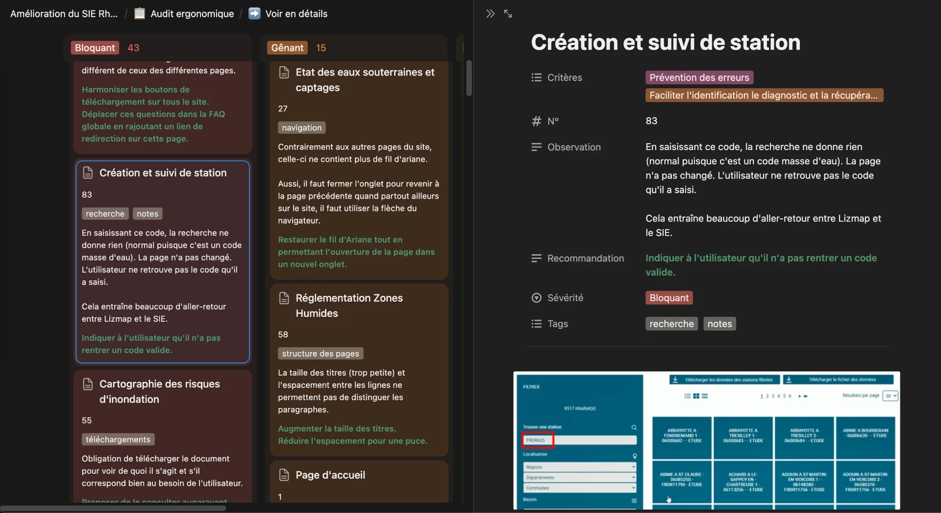 extrait de l'audit — backlog priorisé par sévérité, observation et recommandation