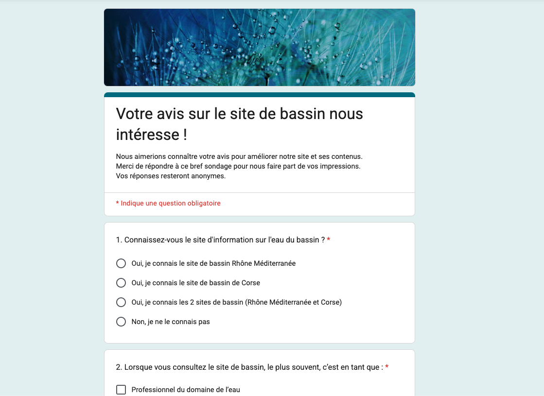 questionnaire exploratoire diffusé par mailing aux utilisateurs du site de bassin